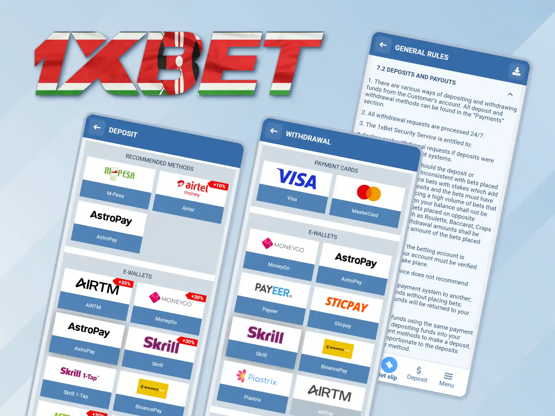 Use convenient and secure payment methods on 1xBet Kenya.