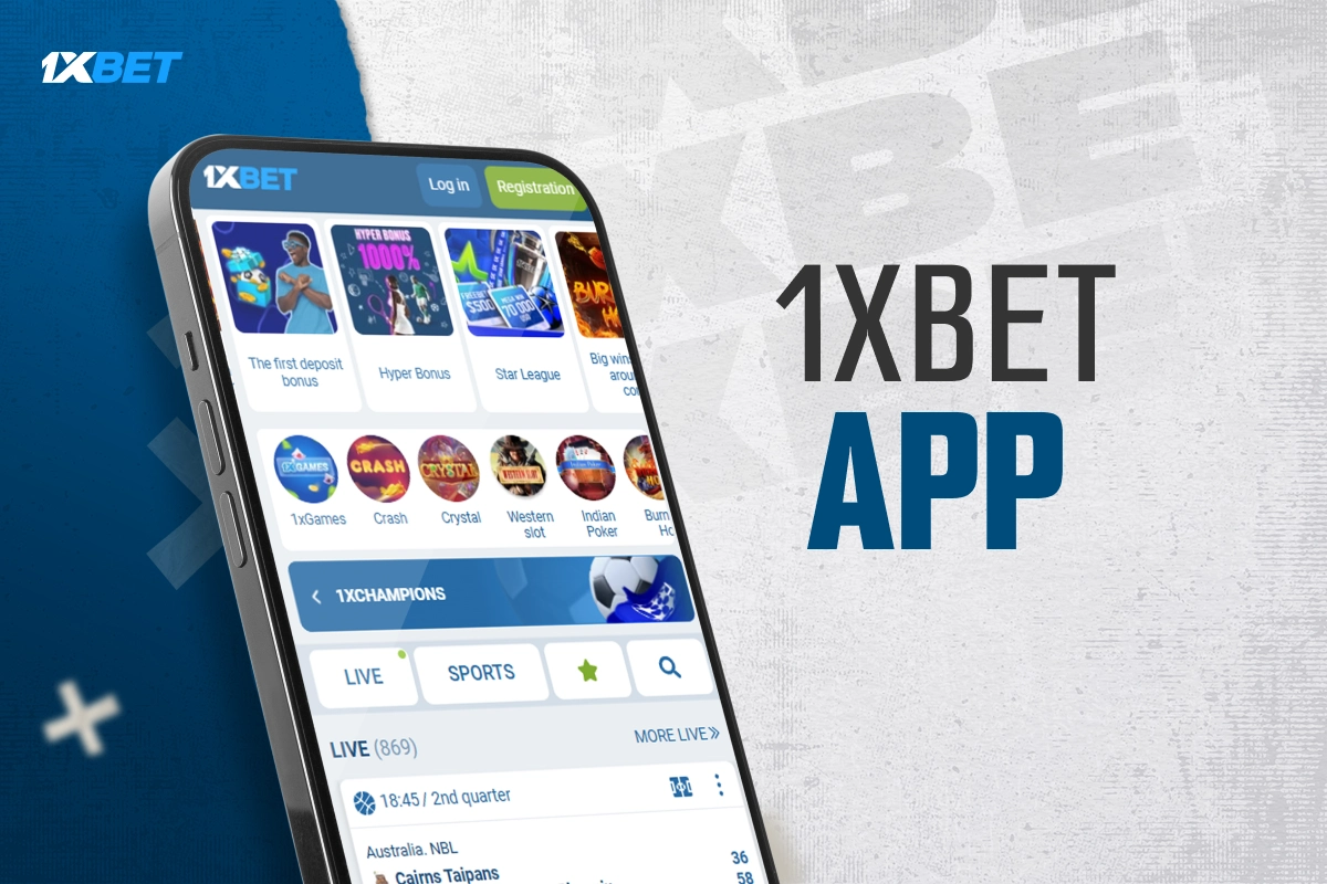 1xBet official mobile app displayed on smartphone screen, sports betting interface in blue-white theme