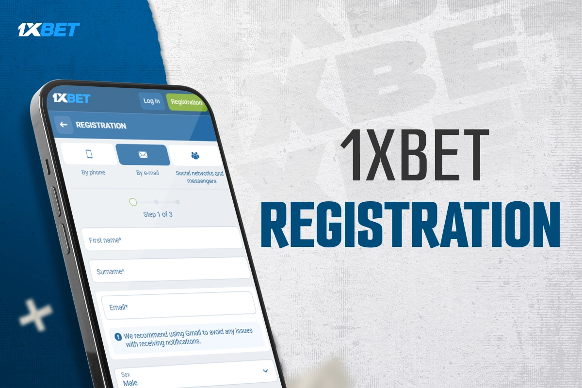 1xBet registration form displayed on smartphone screen, blue-white sports betting interface