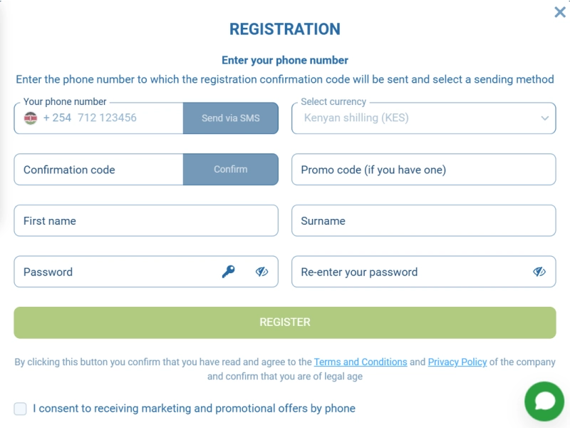 1xBet Kenya registration form showing phone number, email, and promo code fields on the official website
