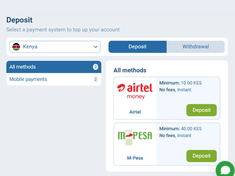 1xBet Kenya deposit page displaying M-Pesa and Airtel Money payment options