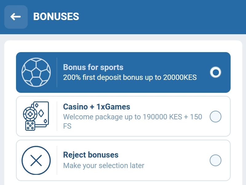 1xBet Kenya bonus activation screen showing welcome offer and promo code entry field