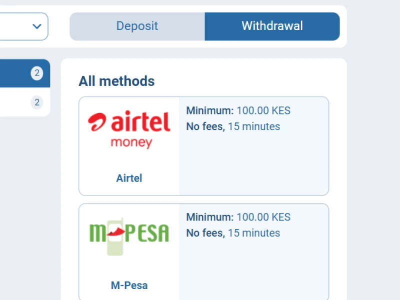 1xBet Kenya withdrawal page showing bank transfer, e-wallets, and crypto options