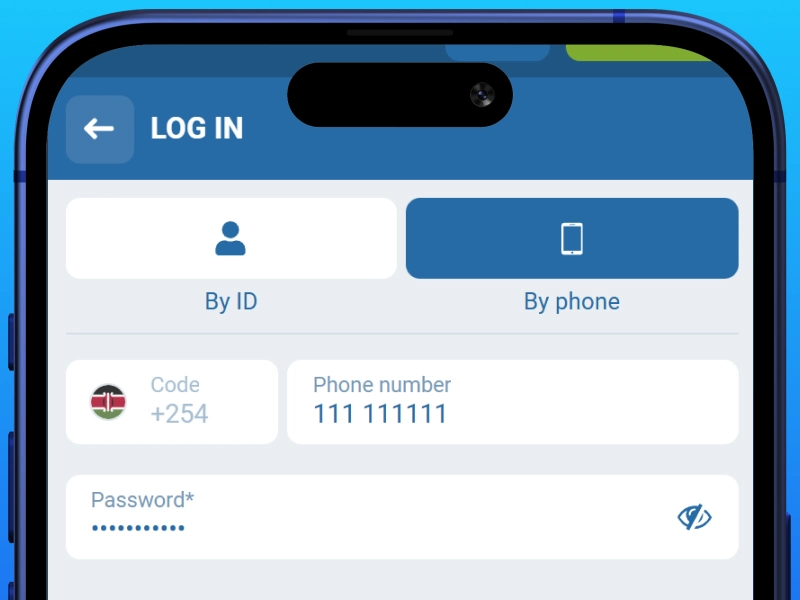 1xBet Kenya login form with phone number and password input fields