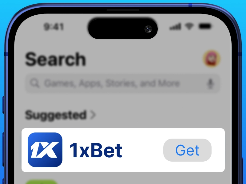 App Store page showing 1xBet app with Get button highlighted for installation