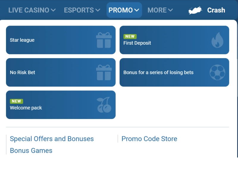 1xBet promotions page with welcome pack, first deposit bonus, and special offers