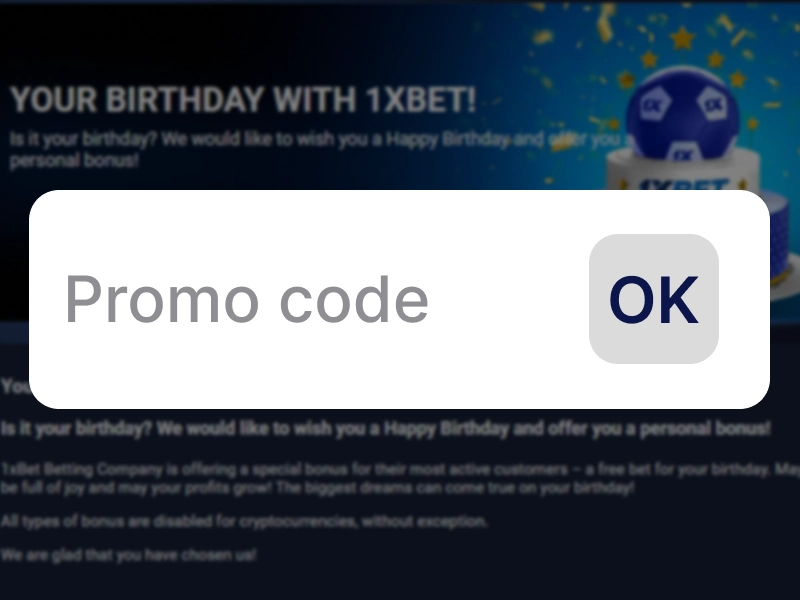 1xBet birthday bonus page with promo code input field
