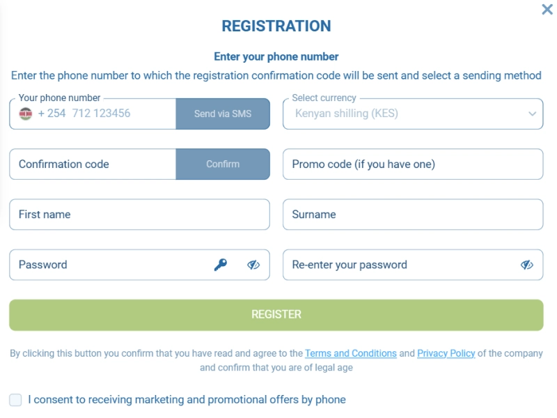 1xBet registration form with phone number and promo code fields for new users in Kenya