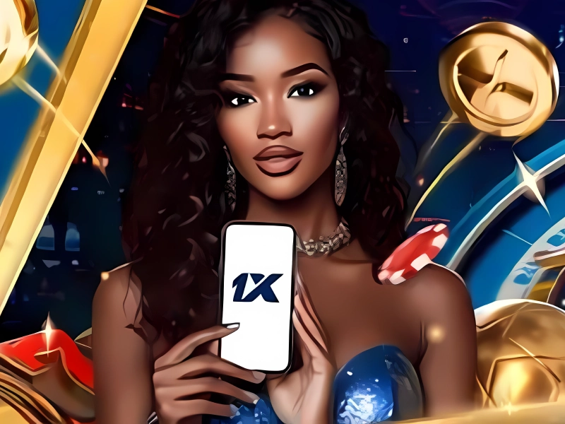 1xbet casino bonuses — woman holding a phone with casino symbols and golden elements