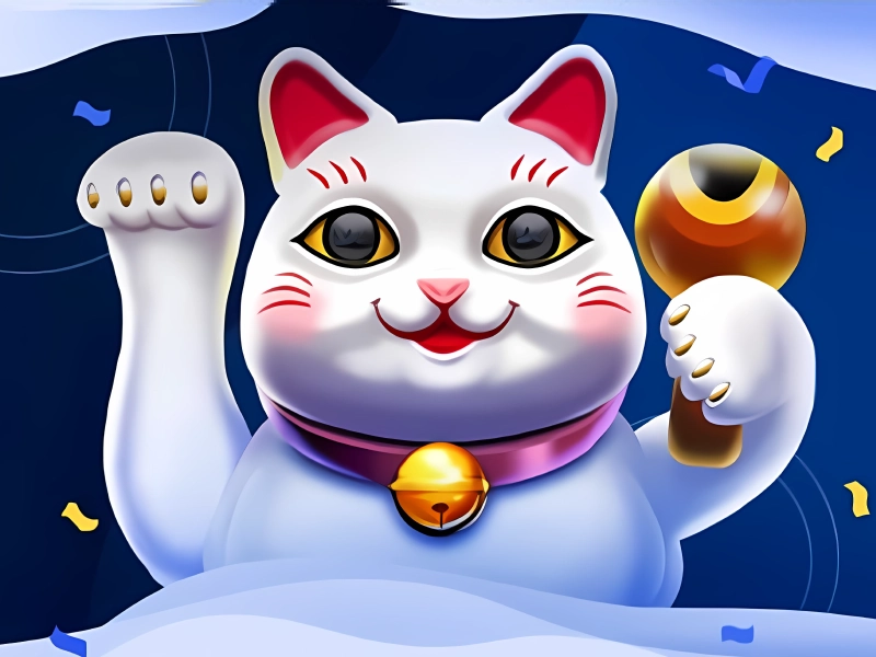 1xbet Lucky Friday bonus — maneki-neko cat, gold coins, and celebratory blue background