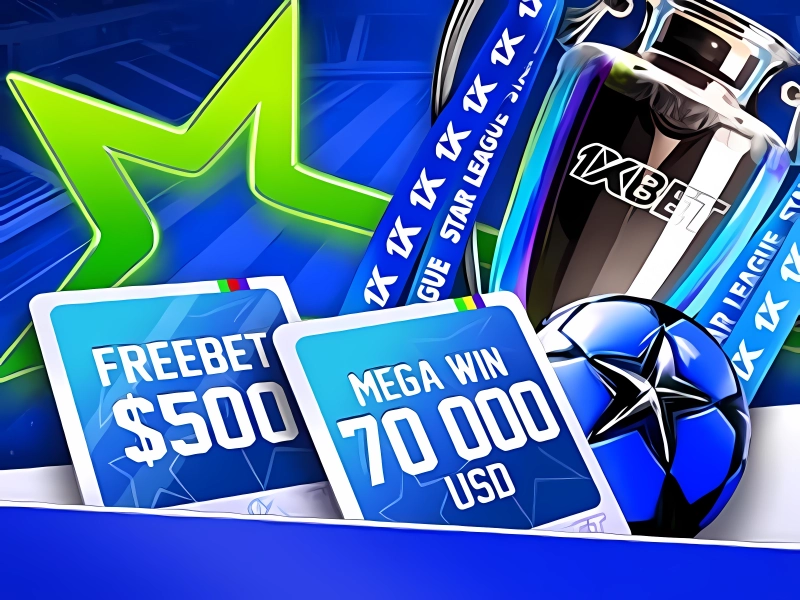 1xbet sports bonuses — free bets, sports betting cards, and star graphic on a dynamic blue background