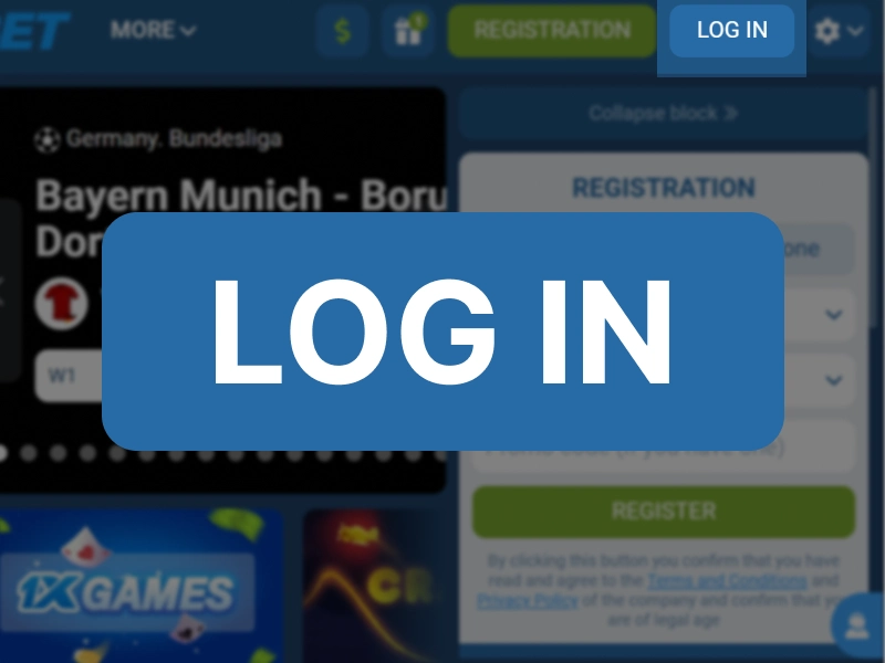 1xBet Kenya official website homepage showing Log In button in the top right corner