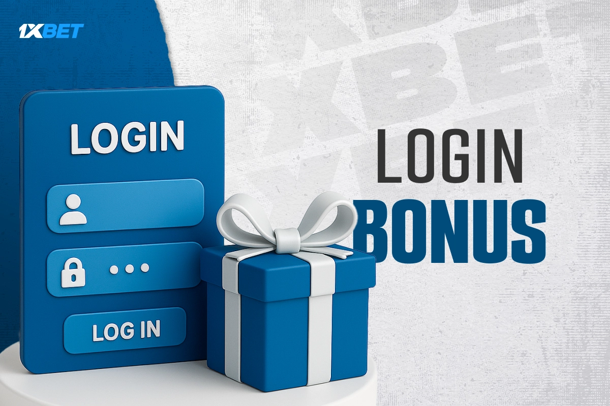 1xBet login bonus illustration with gift box and account login form on blue-white sports background