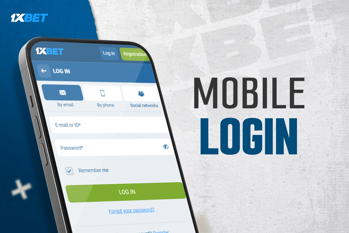 1xBet mobile login screen on smartphone, blue-white sports betting interface
