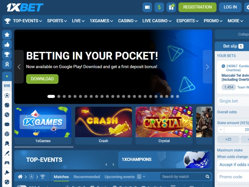Official 1xBet Kenya website homepage opened in browser with URL in address bar