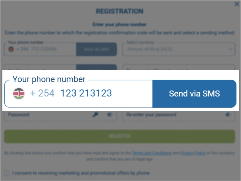 1xBet Kenya phone number verification screen showing Send SMS button and confirmation code entry field