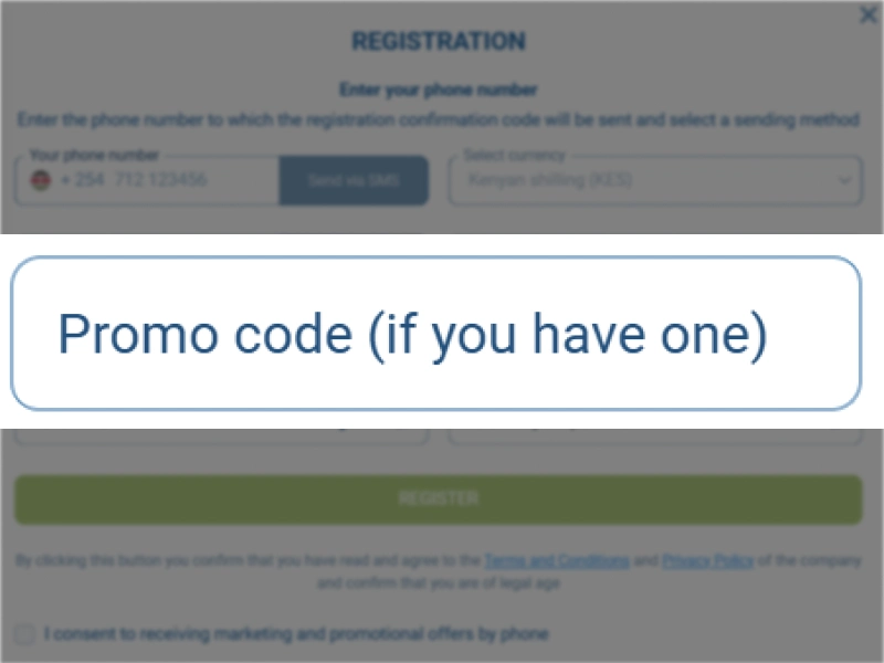 1xBet Kenya registration page with promo code field for activating welcome bonus