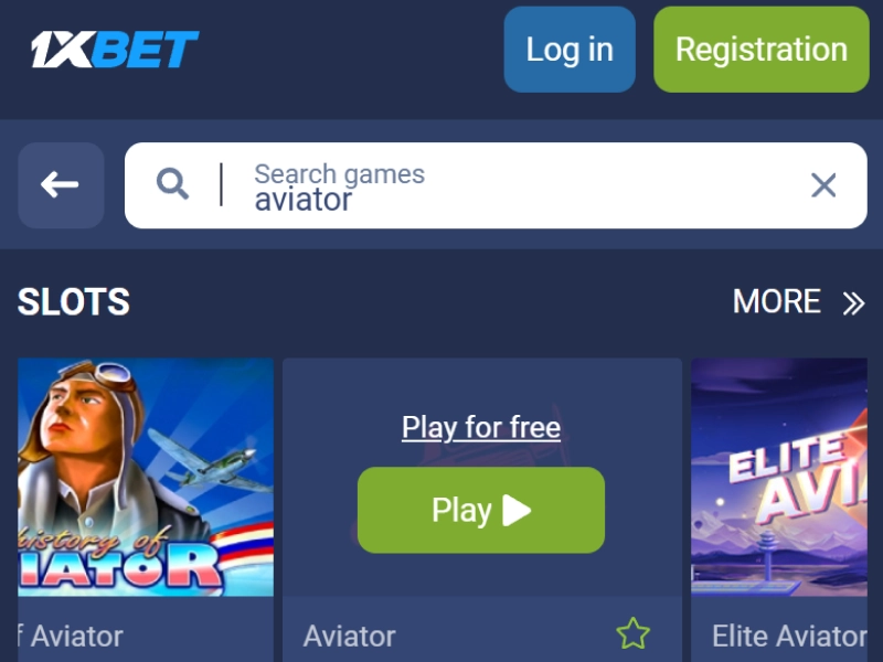 Aviator game selected from search results on the 1xBet platform, showing instant access to gameplay interface