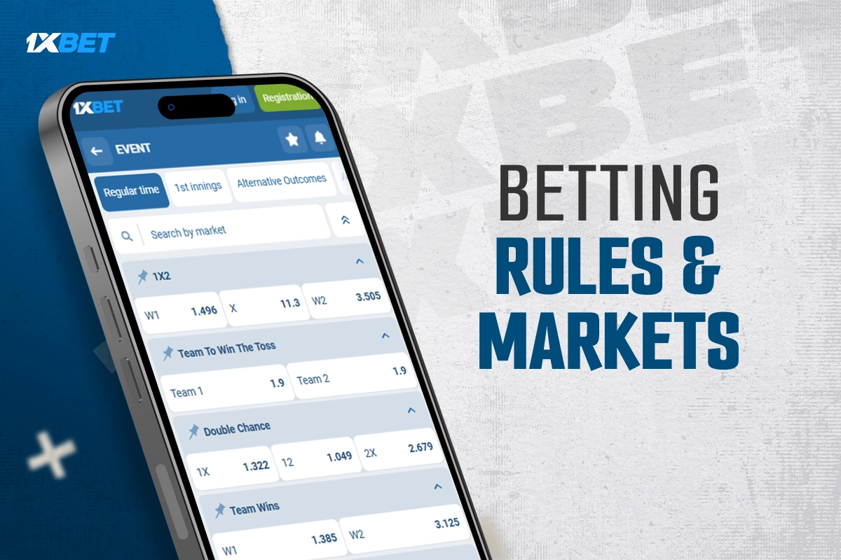 Cricket betting rules and markets on 1xBet shown on mobile interface