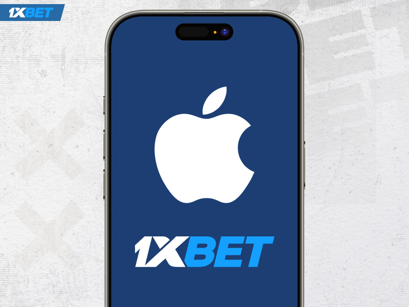 Smartphone on white background displaying ios logo and 1xBet app branding on the screen
