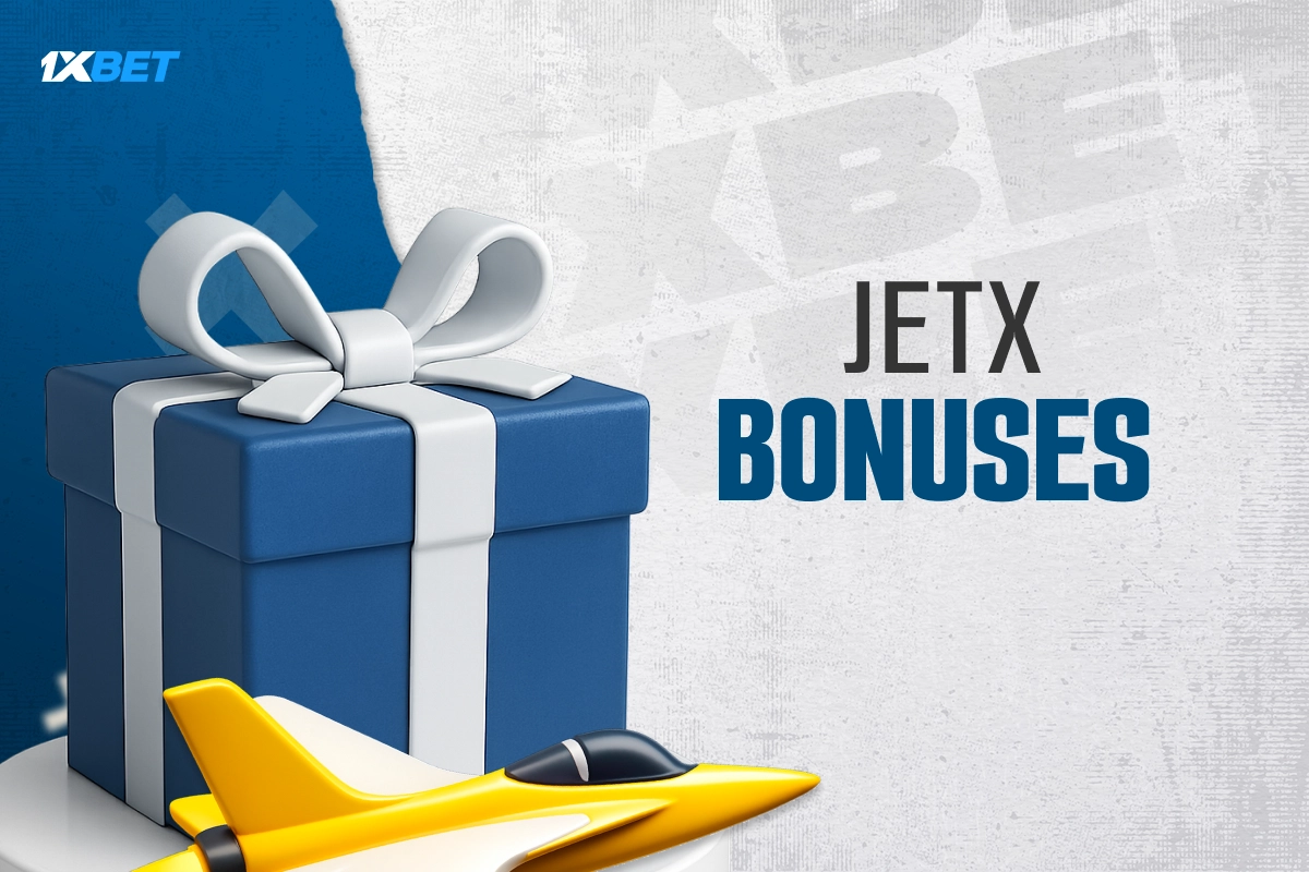 JetX bonuses on 1xBet platform represented by gift box and airplane