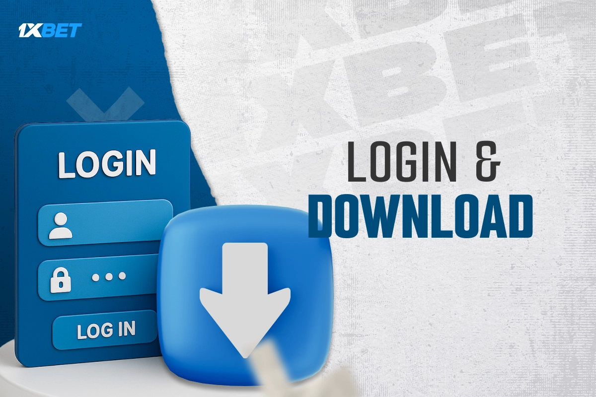 1xBet login and app download process illustrated with secure access icons