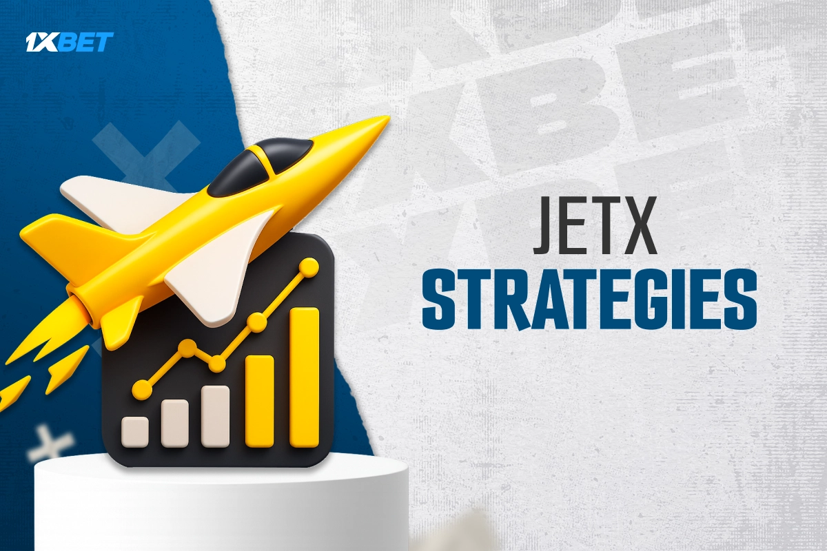 JetX strategies on 1xBet with growth chart and airplane symbol